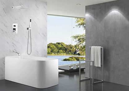Chrome Shower System with Tub Spout Wall Mounted Tub Shower Faucet Set for Bathroom with High Pressure 10" Rain Shower head and Handheld Shower Head Kit