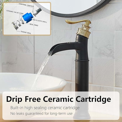 Bathroom Vessel Sink Faucet Waterfall Single Handle Single Hole | Black and Gold,Brass,Pop Up Drain without Overflow,Supply Line,Easy to Clean,Easy Installation,Rust Resistant,Minimalist