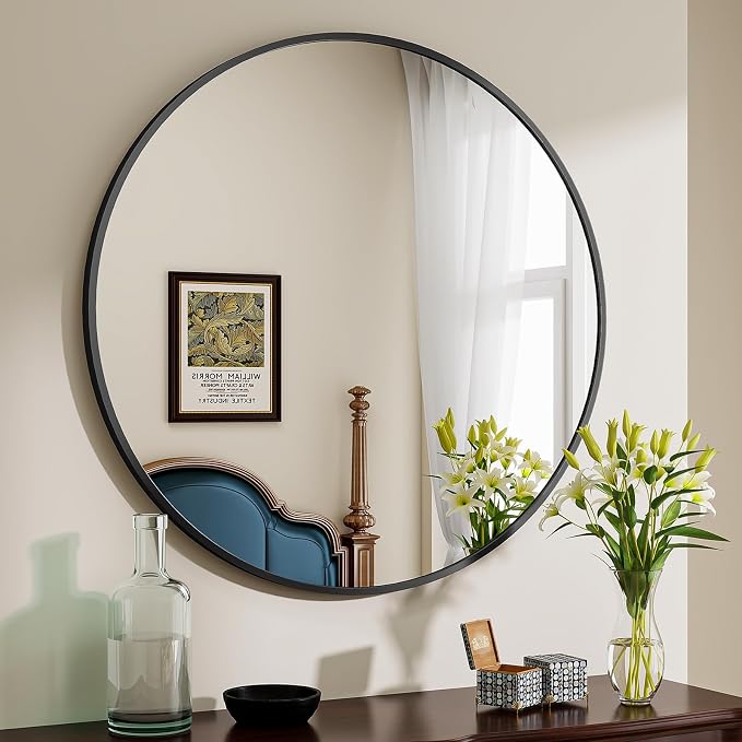 BEAUTYPEAK 40 Inch Round Mirror, Metal Frame Circle Mirror, Black | Wall Mounted for Entryway, Bathroom, Vanity, Living Room