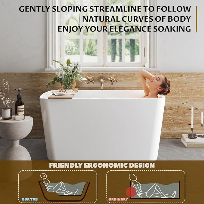 49" Acrylic Freestanding Bathtub - Japanese Square Soaking Tub with Built-in Seat & Toe-Tap Drain, Glossy White Finish, CUPC Certified