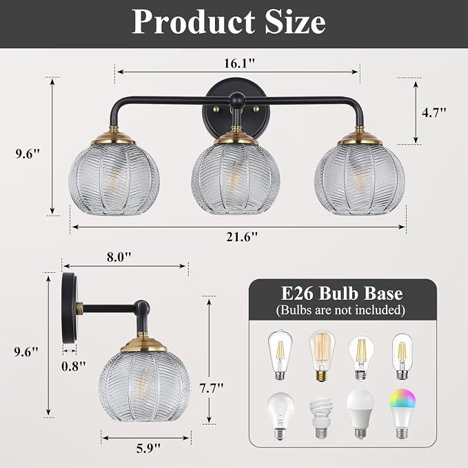Mecgirn Bathroom Vanity Light Fixtures, 3-Light Smoky Gray Glass Shade, Modern Black and Gold Wall Sconce, Unique Textured Leaf Pattern, Ceramic E26 Sockets Wall Mounted for Mirror, Cabinet, Hallway