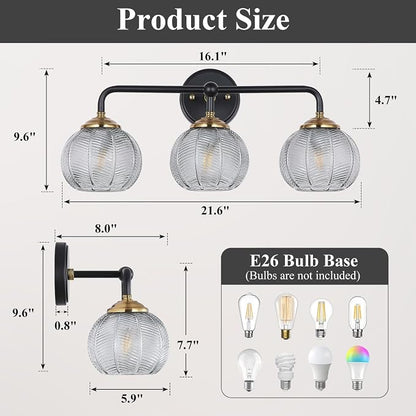 Mecgirn Bathroom Vanity Light Fixtures, 3-Light Smoky Gray Glass Shade, Modern Black and Gold Wall Sconce, Unique Textured Leaf Pattern, Ceramic E26 Sockets Wall Mounted for Mirror, Cabinet, Hallway