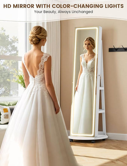Full Length Jewelry Armoire with LED Mirror 360 Rotating White | Full length LED mirror, 3-color light, 360 rotating base, jewelry storage, makeup tray, shelves, drawers