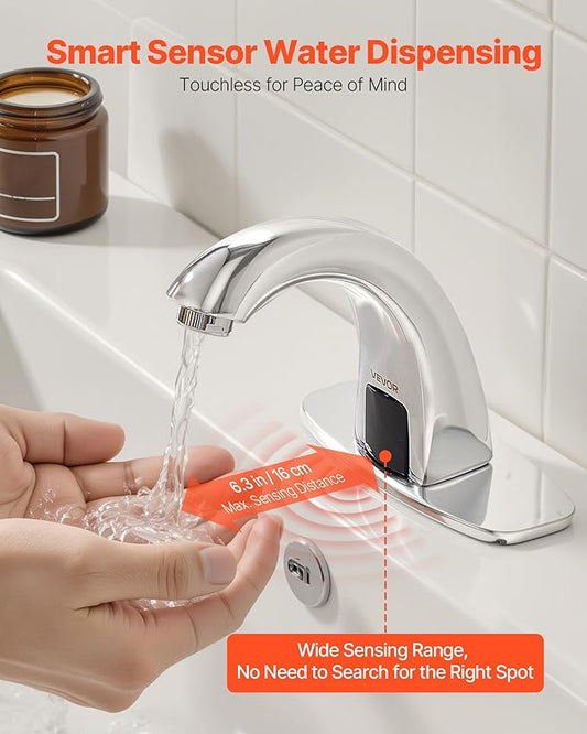 VEVOR Touchless Bathroom Sink Faucet, Automatic Motion Sensor Restroom Toilet Faucet with Hole Cover Plate, Battery Operated,Adjustable Temp for 9/16 in Pipe Commercial Lavatory,Chrome Plated Silver