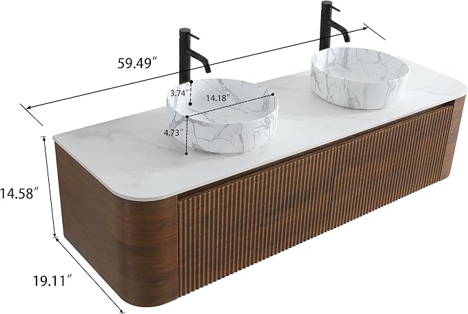 60" Preassembled Double Floating Bathroom Vanity with Carrara Sink, Walnut | Mid-Century Modern Style, Fluted & Soft-Close Drawer with U-shaped Wall, Sinterted Stone Countertop, Towel Rack Included