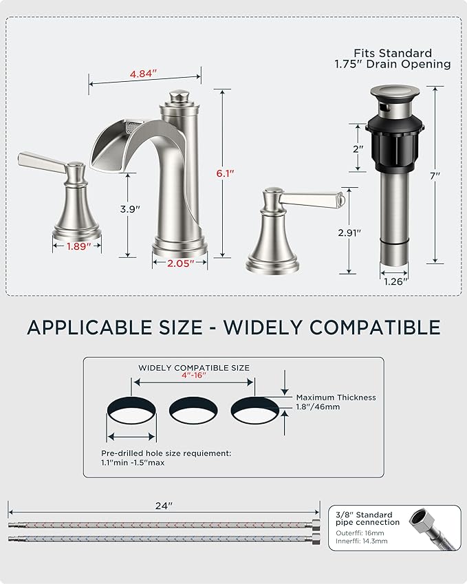 FORIOUS Brushed Nickel Bathroom Faucet Widespread 3 Hole for 6"-12" Sinks, 2 Handle 8" Waterfall Silver Bathroom Sink Faucet 3 Holes Vanity with Metal Drain Stopper and 22" Water Hoses