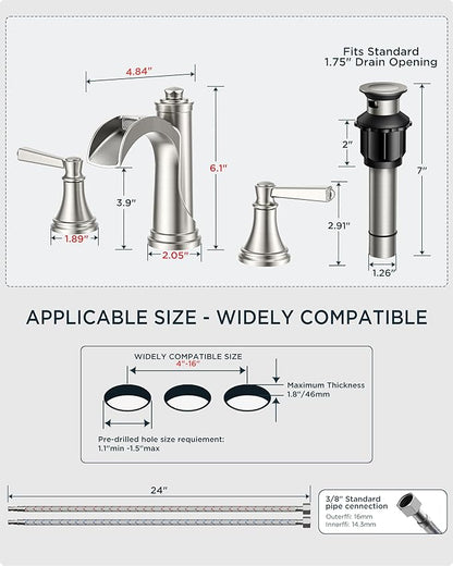 FORIOUS Brushed Nickel Bathroom Faucet Widespread 3 Hole for 6"-12" Sinks, 2 Handle 8" Waterfall Silver Bathroom Sink Faucet 3 Holes Vanity with Metal Drain Stopper and 22" Water Hoses