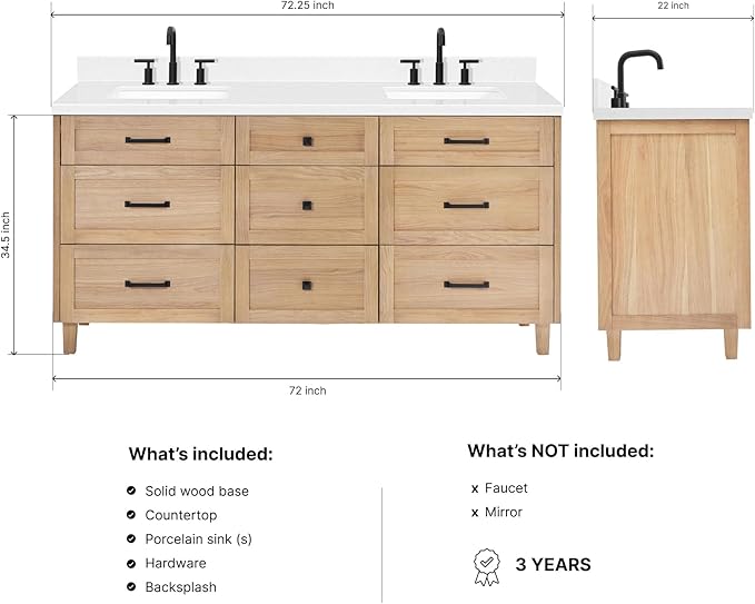 ARIEL Monroe 72-inch Bathroom Vanity with Sink,Solid Wood, 1.5-inch Carrara White Quartz Countertop & Backsplash, Double Oval Porcelain Sink, 9 Dovetail Drawers, Matte Black, White Oak