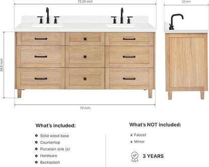 ARIEL Monroe 72-inch Bathroom Vanity with Sink,Solid Wood, 1.5-inch Carrara White Quartz Countertop & Backsplash, Double Oval Porcelain Sink, 9 Dovetail Drawers, Matte Black, White Oak