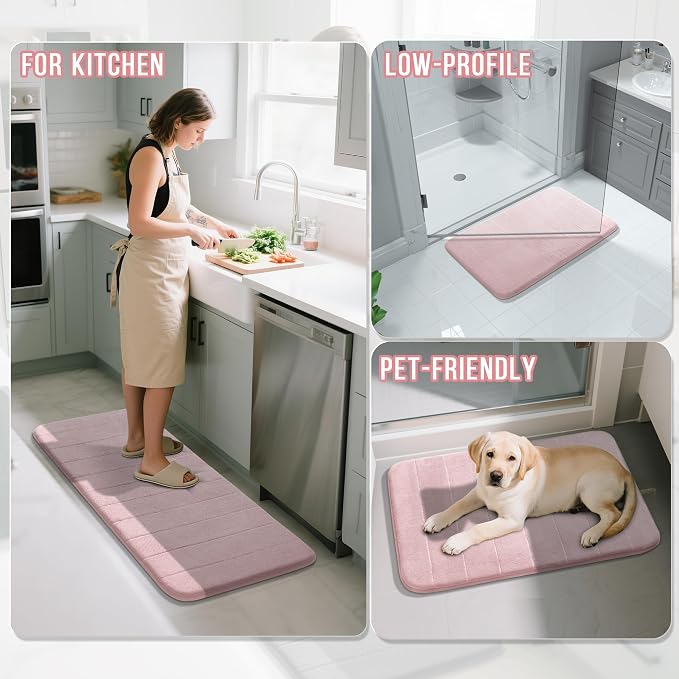Yimobra Long Bath Mat 44"x24", Super Soft Quick Dry Memory Foam Bathroom Rug, Water Absorbent, Non Slip Backing Machine Washable for Tub Shower, Thick Comfort Support, Pink