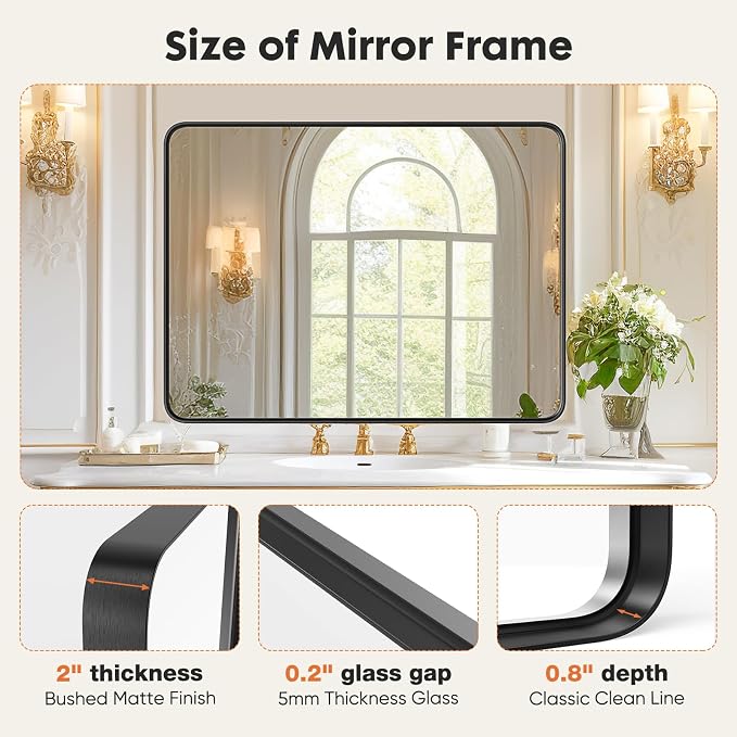 Sweetcrispy Bathroom Mirror 40x30 Inch, Vanity Mirror for Wall | Metal Framed Rounded Rectangle, Over Sink, Farmhouse Restroom, Anti-Rust, Horizontal or Vertical Hanging, Black