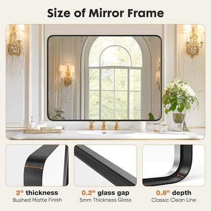 Sweetcrispy Bathroom Wall Mirror, Vanity Mirrors for Over Sink, 36x24 Inch | Metal Framed Rounded Rectangle, Home Decor Mirros for Farmhouse, Restroom, Anti-Rust, Horizontal or Vertical Hanging, Black