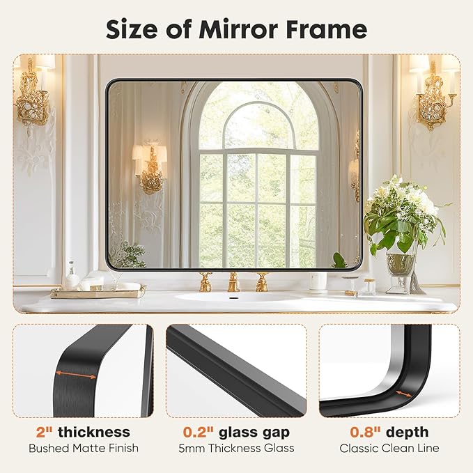 Sweetcrispy Bathroom Mirror 30x22 Inch, Vanity Mirror for Wall | Metal Framed Rounded Rectangle, Over Sink, Farmhouse Restroom, Anti-Rust, Horizontal or Vertical Hanging, Black