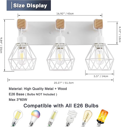 maesta 3 Light Bathroom Vanity Light, Farmhouse White Fixture Over Mirror | Farmhouse Bathroom Light Fixtures, Wood & Metal, Anti-Rust Easy to Install for Rustic Bathroom Hallway