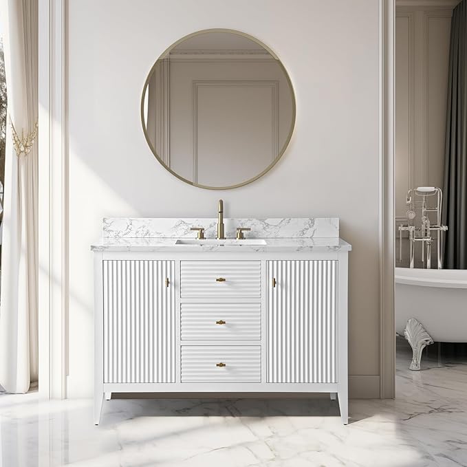 Vanity Art 48 inch Bathroom Vanity with Single Sink & Ceramic Top, Vanity Cabinet with Soft-Closing Door, Solid Wood Frame, Linear Pattern, White, Golden Brushed Handware VA9148-W-GB