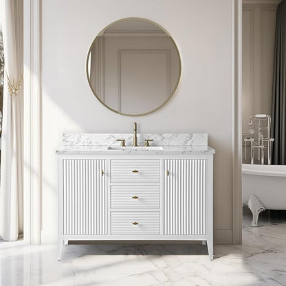Vanity Art 48 inch Bathroom Vanity with Single Sink & Ceramic Top, Vanity Cabinet with Soft-Closing Door, Solid Wood Frame, Linear Pattern, White, Golden Brushed Handware VA9148-W-GB