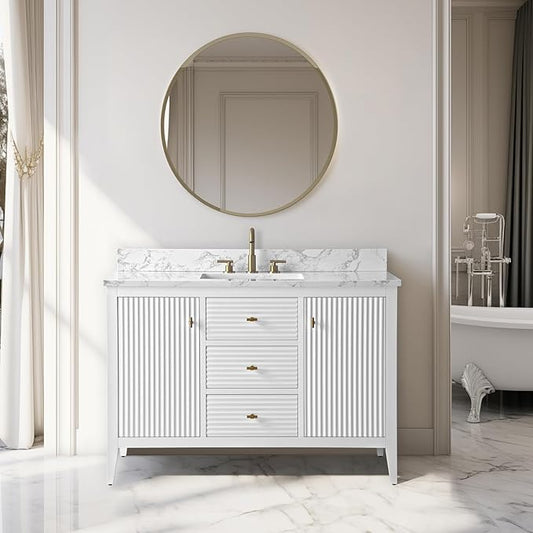 Vanity Art 48 inch Bathroom Vanity with Single Sink & Ceramic Top, Vanity Cabinet with Soft-Closing Door, Solid Wood Frame, Linear Pattern, White, Golden Brushed Handware VA9148-W-GB