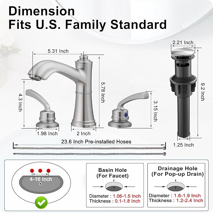 Solid Brass Brushed Nickel Bathroom Faucet 3 Hole, 2 Handle | 8 Inch Widespread, 10 Mins Install, NSF/ANSI/CAN 372, cUPC, DOE, Pre-Installed Water Hose, with Pop up Drain, for Vanity