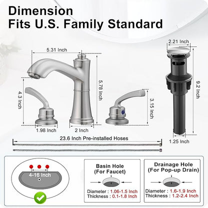 Solid Brass Brushed Nickel Bathroom Faucet 3 Hole, 2 Handle | 8 Inch Widespread, 10 Mins Install, NSF/ANSI/CAN 372, cUPC, DOE, Pre-Installed Water Hose, with Pop up Drain, for Vanity