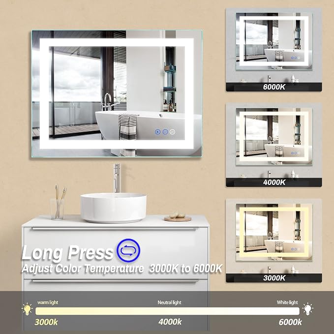 36"x 28" LED Bathroom Mirror with Light | Anti-Fog+Dimmable+Color Temperature Adjustable+Memory Function Led Wall Mirror for Bathroom, Vanity (Vertical/Horizontal)
