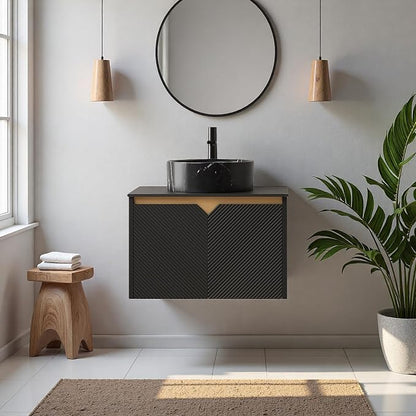 24" Bathroom Vanity with Sink, Wall-Mounted Bathroom Vanity with Black Round Ceramic Vessel Basin, Modern Plywood Floating Vanity with Twill Double Doors, Bathroom Storage Cabinet, Black