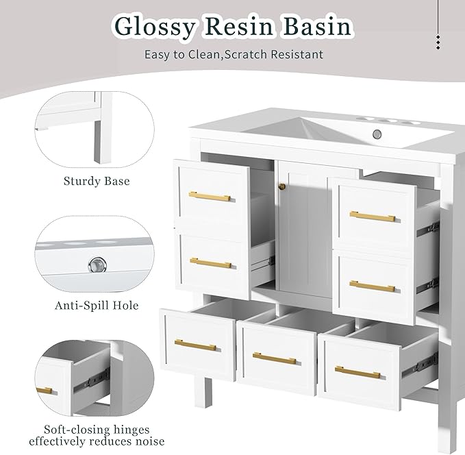 Merax 36 Inch White Bathroom Vanity with Sink,Modern Bathroom Sink Cabinet 36" with 5 Drawers & Storage Cabinet,Spacious Integrated Countertop,Gold Handles,Soft Closing,Solid Wood Frame