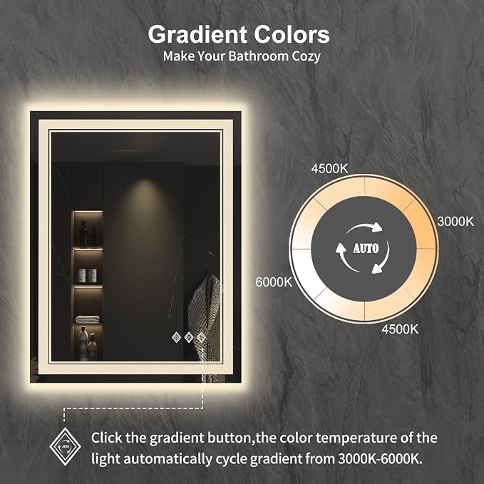 LED Bathroom Mirror, 24x32 Inch Vanity Mirror with Lights | Gradient Front and Backlit Bathroom Mirror with Lights, 3 Colors Dimmable CRI>90, IP54 Enhanced Anti-Fog, Hanging Plates