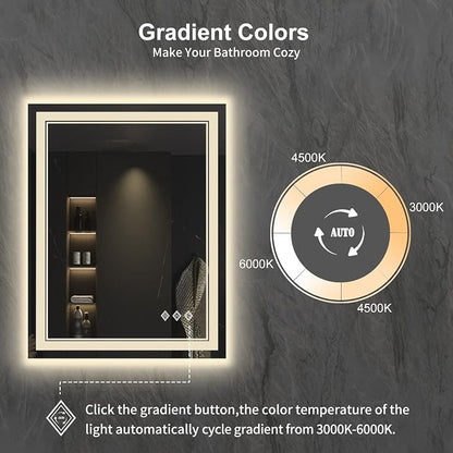 LED Bathroom Mirror, 24x32 Inch Vanity Mirror with Lights | Gradient Front and Backlit Bathroom Mirror with Lights, 3 Colors Dimmable CRI>90, IP54 Enhanced Anti-Fog, Hanging Plates