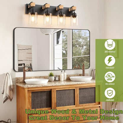 4-Lights Farmhouse Vanity Lights for Bathroom, Matte Black Bathroom Light Fixtures with Clear Glass Shade, Rustic Wood Wall Lighting Fixtures Over Mirror for Bedroom, Living Room, Hallway