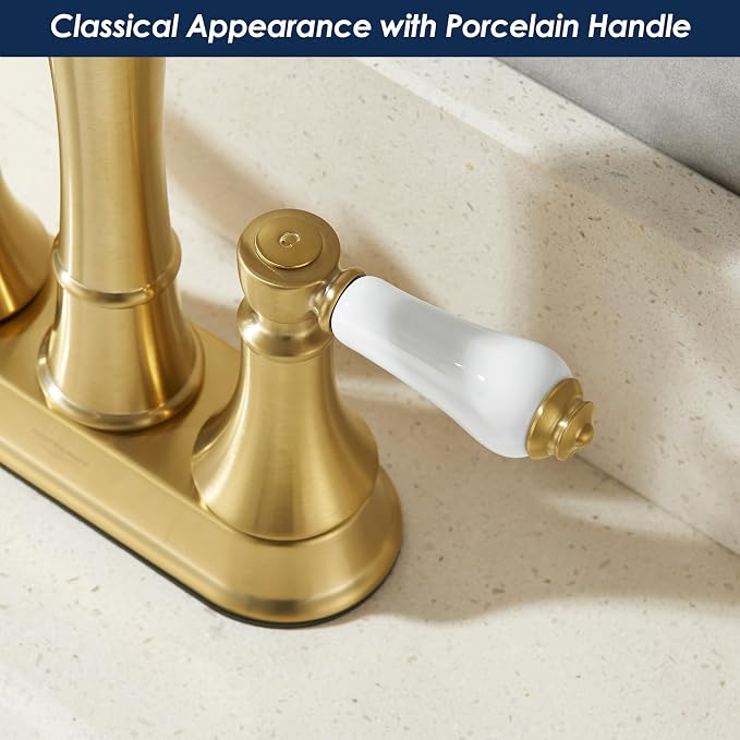 Porcelain 2-Handle Brushed Gold Bathroom Faucet 4 Inch Centerset | with Plastic Pop-up Drain and Two 23.6" Supply Lines, Classical Gold Bath Vanity Sink Faucets for 2/3-Hole Sinks, Brass Spout