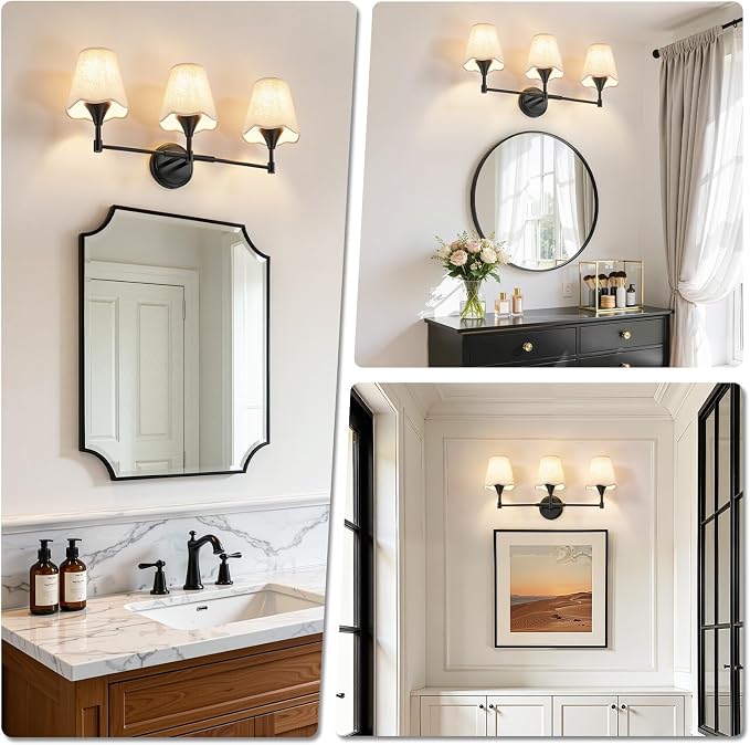 Black Bathroom Vanity Light Fixtures: 3 Light Vanity Lighting Fixtures with Flared Fabric Shade, Matte Black Bathroom Lighting Fixture over Mirror, Wall Sconce Lights for Bedroom Hallway Living Room