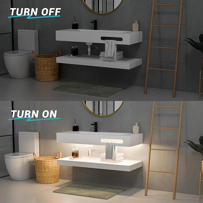 48"x19" Wall Mount Bathroom Vanity with LED Smart Sensor Light, Stone Resin Floating Vanity Sink Rectangular Vessel White Trough Art Basin with Shelf Layer