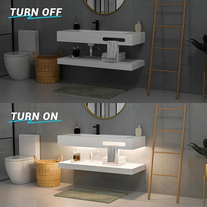 48"x19" Wall Mount Bathroom Vanity with LED Smart Sensor Light, Stone Resin Floating Vanity Sink Rectangular Vessel White Trough Art Basin with Shelf Layer