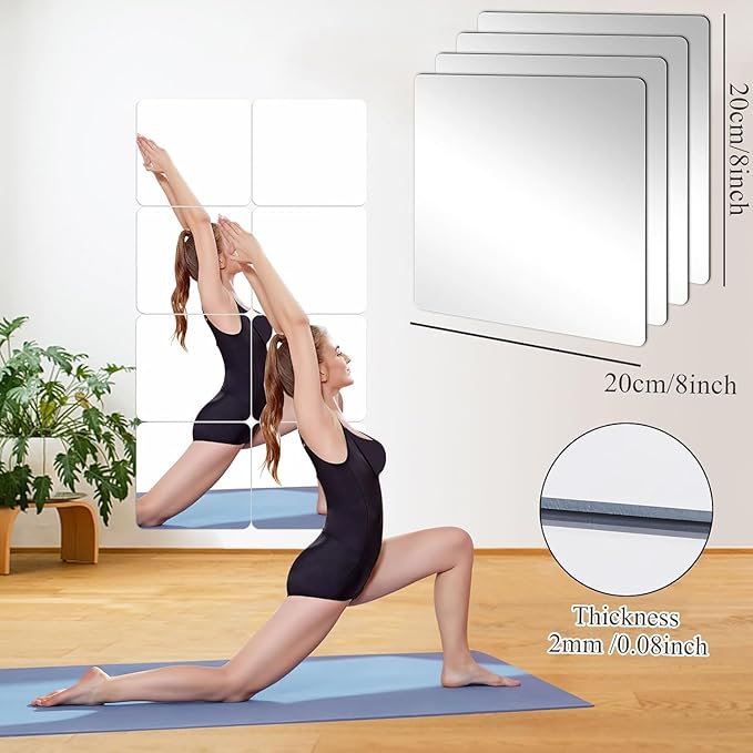 JUNEBRUSHS 4 Pack Self Adhesive Acrylic Mirror, 8 x 8 Inch Mirror Tiles | Flexible Plastic Mirror Sheets Wall Stickers, 2MM Thick Mirrors