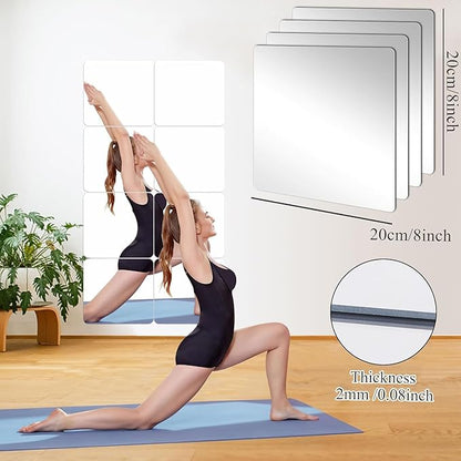 JUNEBRUSHS 4 Pack Self Adhesive Acrylic Mirror, 8 x 8 Inch Mirror Tiles | Flexible Plastic Mirror Sheets Wall Stickers, 2MM Thick Mirrors