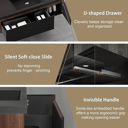 48" Floating Bathroom Vanity Sink Combo, Wall-Mounted Cabinet with Soft-Close Drawer & Black Quartz Sand Basin, Modern，Elegant Smoked Walnut