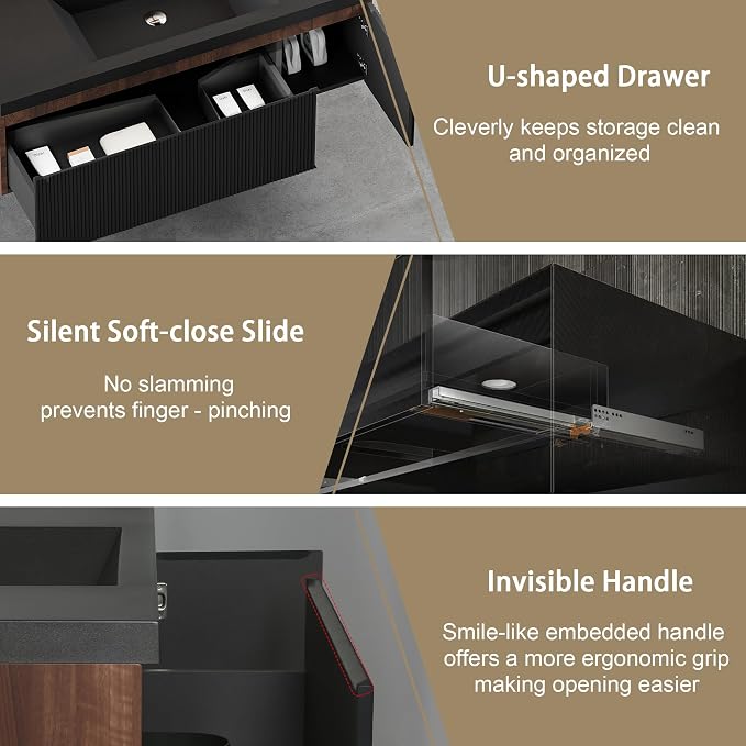 48 Inch Floating Bathroom Vanity with Sink, Modern Black Wall Mounted Floating Vanity with Scratch-Resistant Quartz Sand Basin, Soft Closing Drawers, Fully Pre Assembled Bathroom Vanity