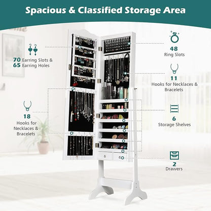 NAFORT Jewelry Armoire, Mirror with Jewelry Storage, 14 LED Lights Jewelry Organizer, Standing Lockable Jewelry Cabinet with Full Length Mirror, Jewelry Organizer with 2 Drawers, White