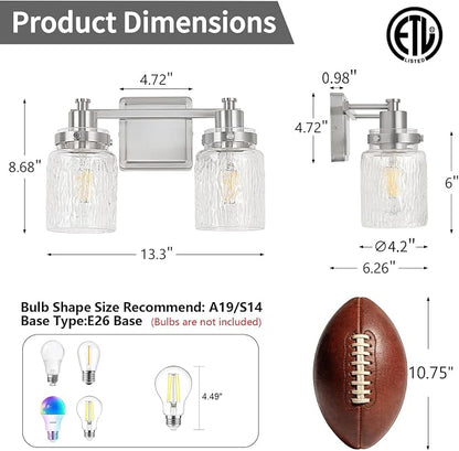 2 Light Bathroom Vanity Light Fixtures Modern Brushed Nickel | ETL Certificate, Easy to Install,Wall Mount Up or Down,Hammered Glass Lampshade,E26 Socket,Hardwired,120V