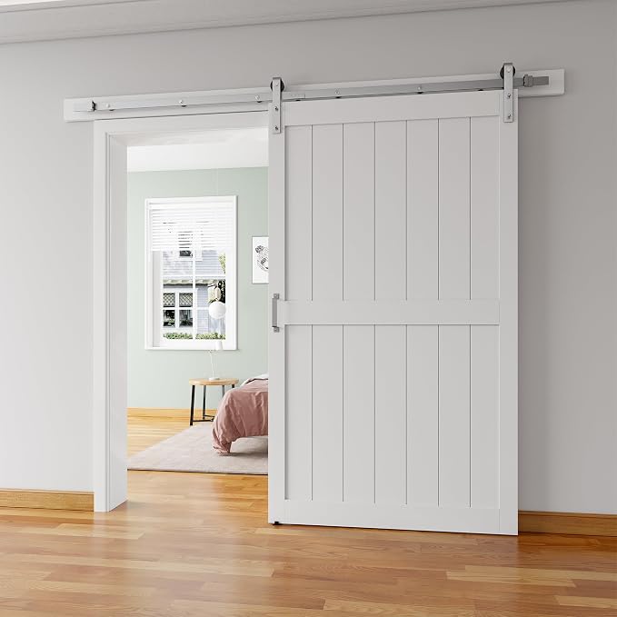 48''x84'' Sliding Barn Door with 8 Ft Brushed Nickel Hardware Kit | Pre-Drilled Holes Easy Assembly - Include Installation Manual, Water-Proof PVC Surface, H-Frame, White