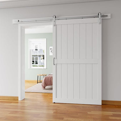 48''x84'' Sliding Barn Door with 8 Ft Brushed Nickel Hardware Kit | Pre-Drilled Holes Easy Assembly - Include Installation Manual, Water-Proof PVC Surface, H-Frame, White
