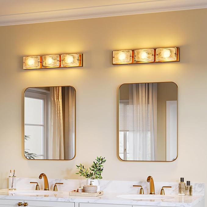 Tribesigns 3-Light Vanity Fixtures, Curved Cloud Glass Lampshades Gold Copper Plate, Modern Bathroom Wall Lighting Fixtures Over Mirror, 3CCT LED Vanity Lights (22-Inch, 3000K/4000K/5000K, Dimmable)