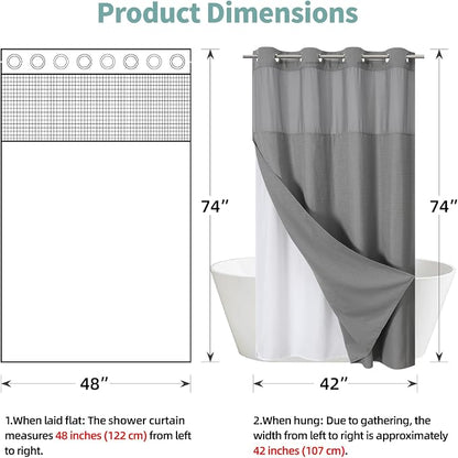 eachope No Hook Waffle Shower Curtain with Snap-in Liner, 48x74 Inch, Grey | 230GSM waffle weave fabric, waterproof liner set with 2 bottom magnets, mesh window, washable, for shower stalls or bathrooms