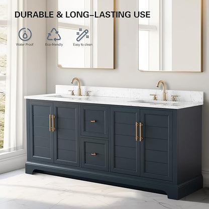 HOMEBEYOND 72 Inch Bathroom Vanity with Double Sink & Ceramic Top, Vanity Cabinet with Center Countertop Basin, Soft-Closing Doors, Backsplash, Vintage Spruce Blue