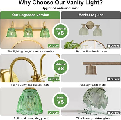 Bathroom Light Fixtures (3-Light), Vintage Brushed Gold Vanity Lights for Bathroom with Green Tulip Crystal Glass Shade, Vanity Wall Light Over Mirror for Bedroom Living Room Hallway