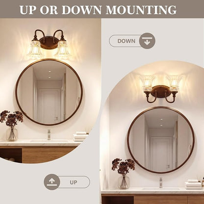 2-Light Vintage Bathroom Light Fixtures, Oil Rubbed Bronze | Vanity Lights Over Mirror with Floral Glass Shade for Bathroom Powder Room, Living Room Hallway