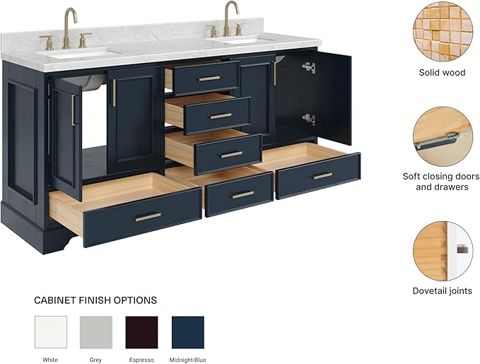 ARIEL Stafford 72-inch Bathroom Vanity with Sink,Solid Wood, 1.5-inch Italian Carrara Marble Countertop, Double Rectangular Porcelain Sink, 4 Soft Closing Doors, 6 Dovetail Drawers, Midnight Blue