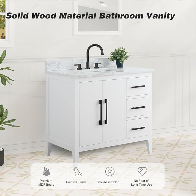 HomeBeyond 36 Inch Bathroom Vanity with Sink & Ceramic Top, Single Vanity Cabinet with Basin, Soft-Closing Doors & Matte Black Hardware, White