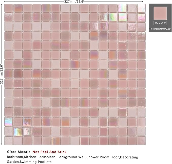 11.5 sq.ft Rainbow Pink Glass Mosaic Tile for Bathroom, Pool, Backsplash | Waterproof Wall & Floor Tile. Heat & frost resistant outdoors. Mesh-mounted easy install. Use any grout. Easy clean. 10pcs.