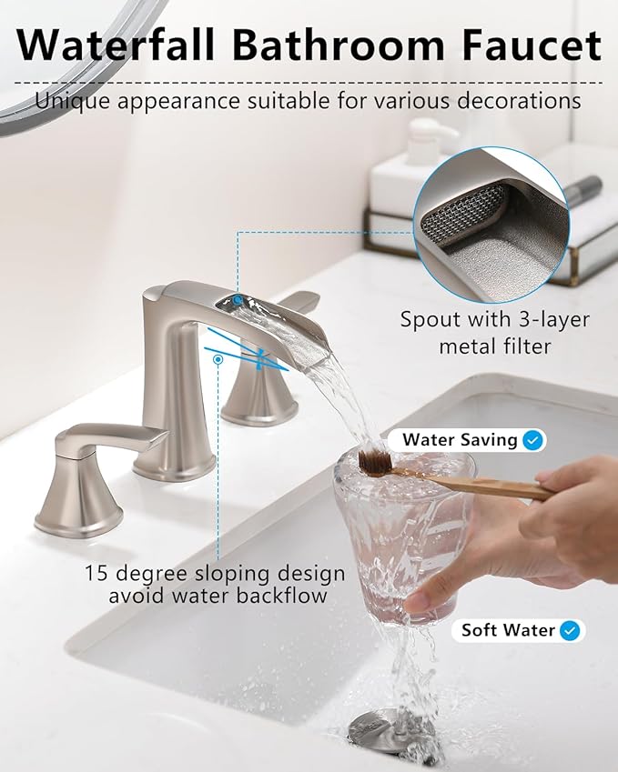 Fapully Brushed Nickel Bathroom Faucet 3 Hole, Waterfall 8 Inch Widespread Bathroom Sink Faucet with Pop-up Drain, Two-Handle Faucet for Bathroom Sink